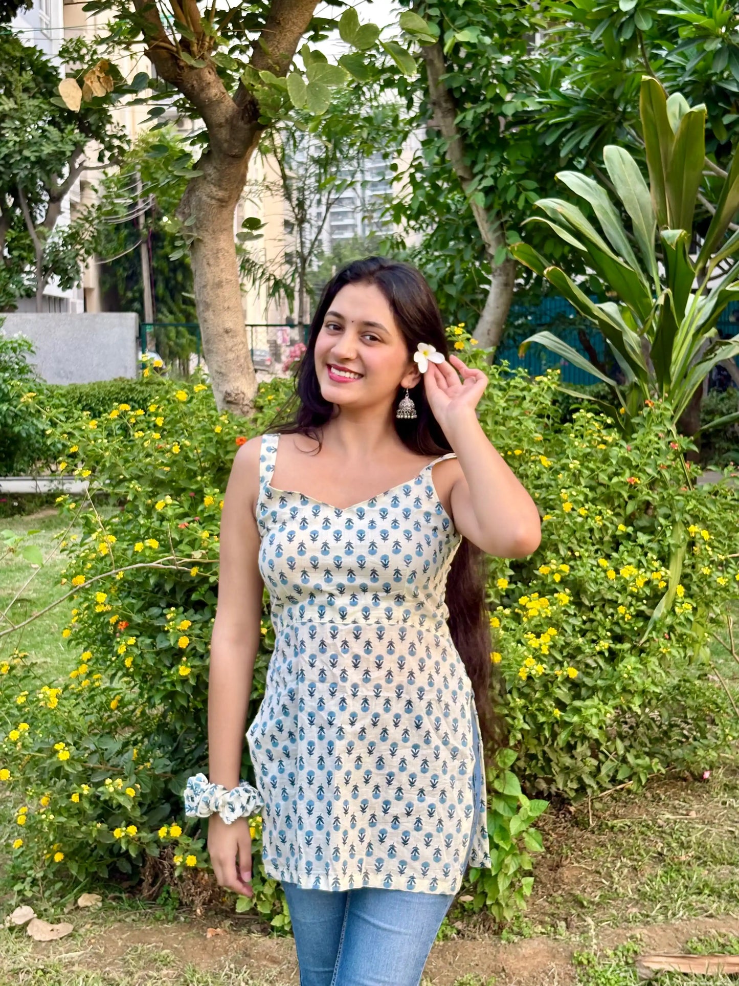 Blue Blossom Handblock Short Kurta