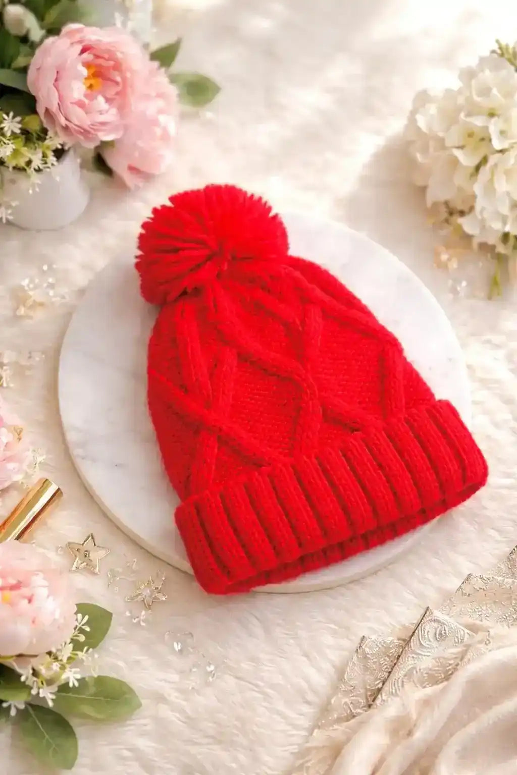 Handcrafted Red Knitted Wool Cap