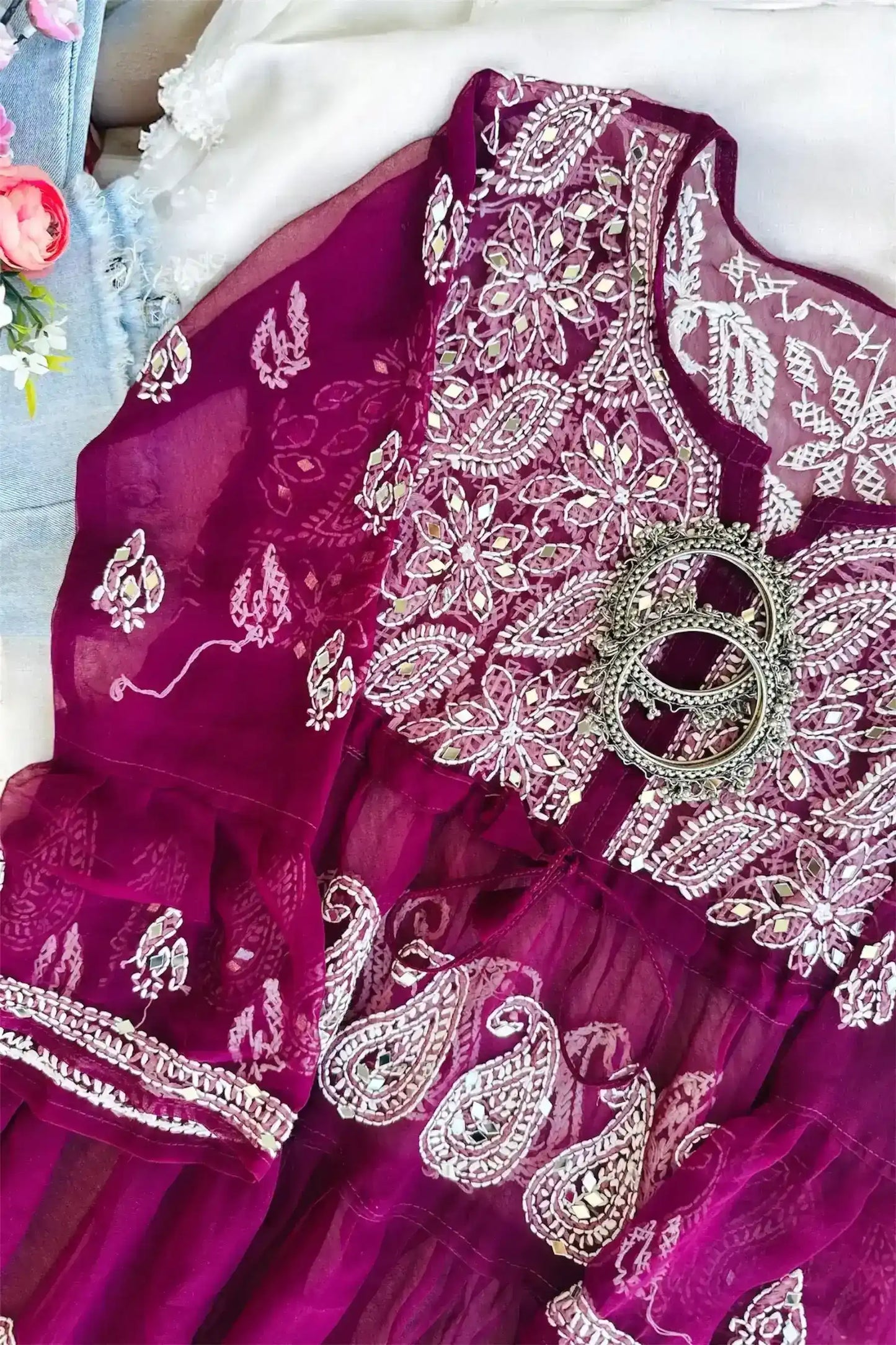 Swati's Plum Wine Noor Mirror Chikankari