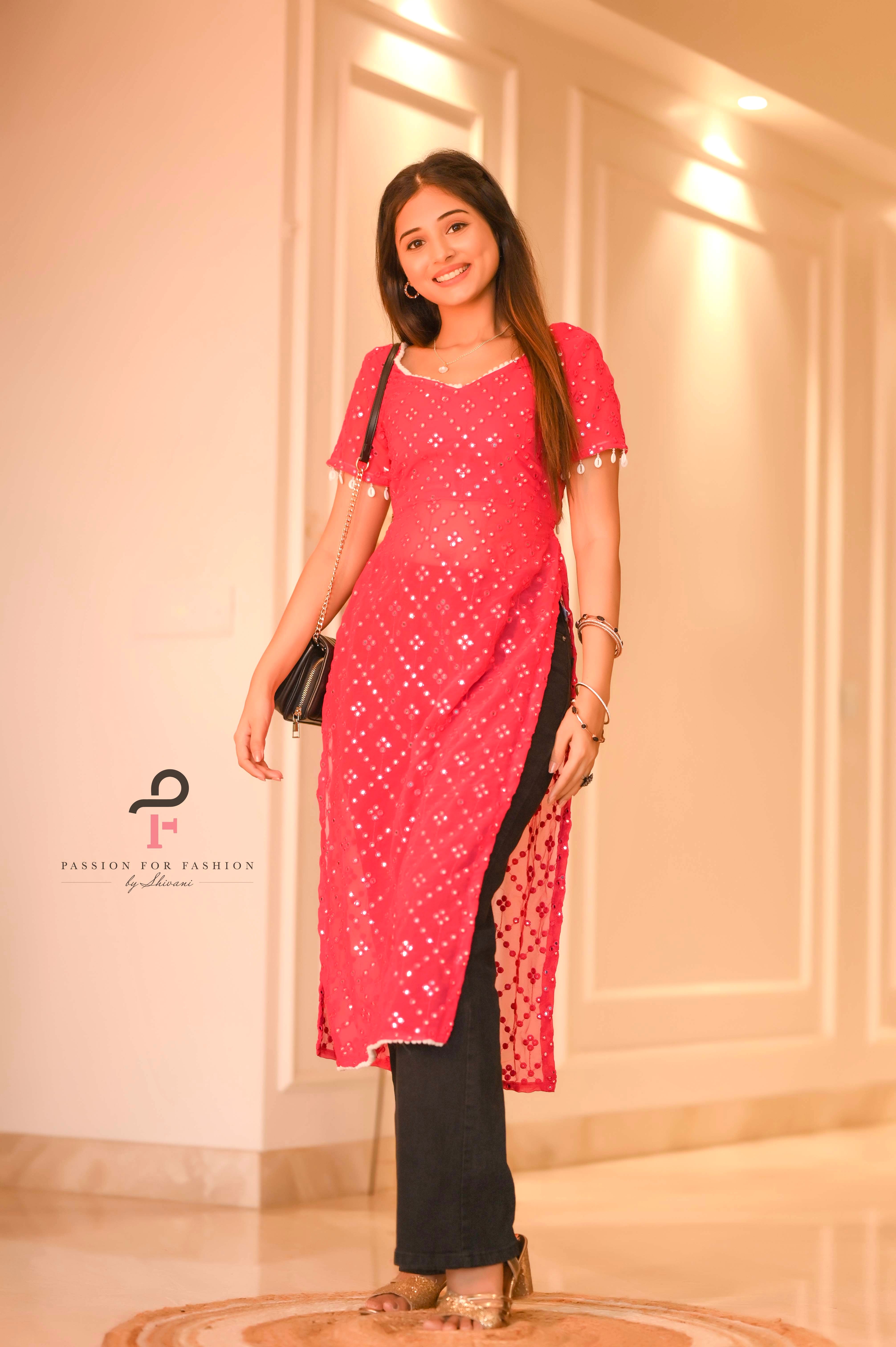 Hot Pink Embroidered Denim Gulnaz Kurta