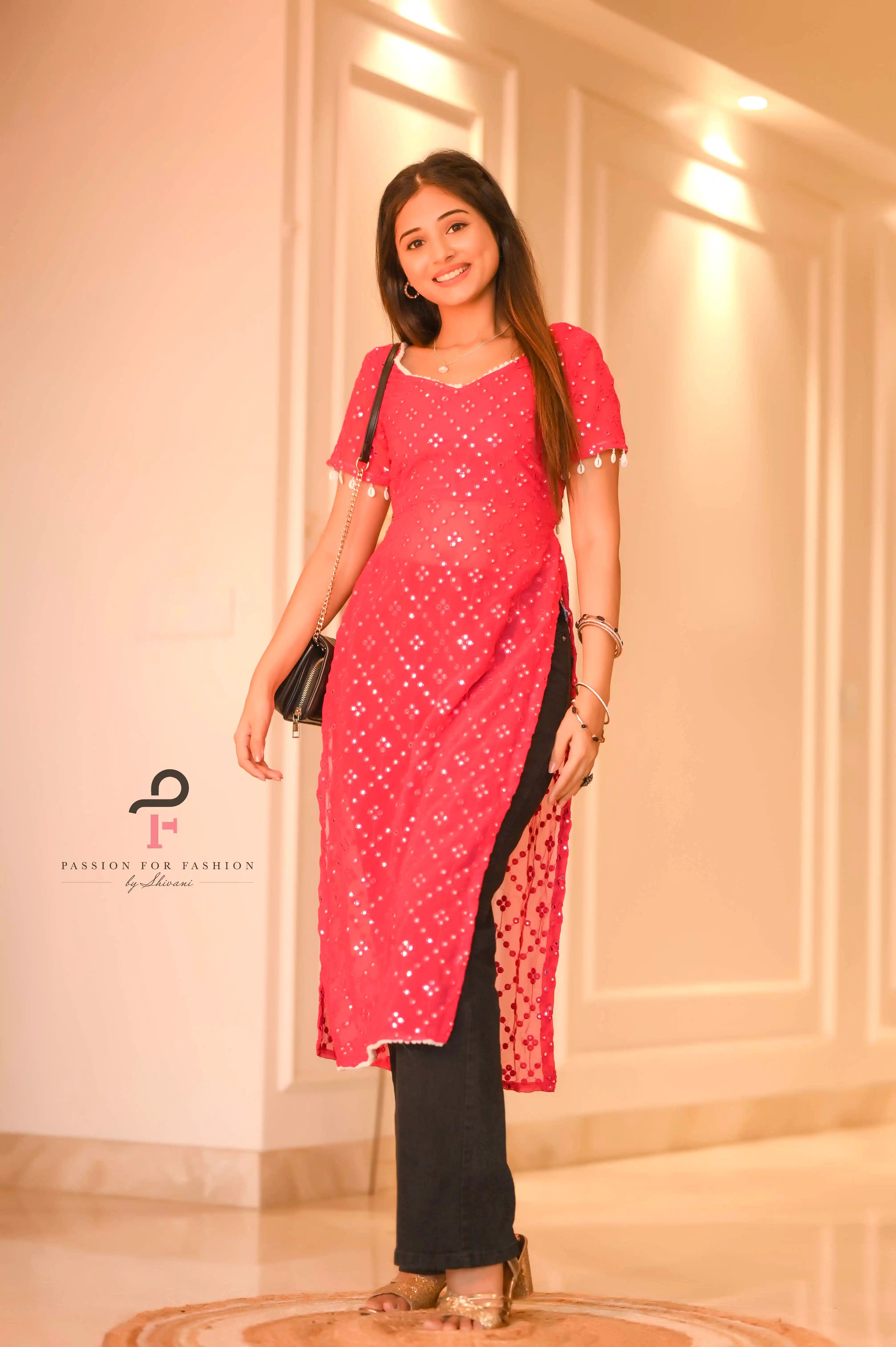 Hot Pink Embroidered Denim Gulnaz Kurta