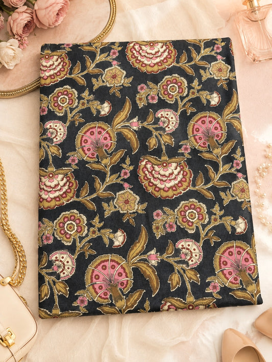 Vintage Floral Kalamkari Print Cotton Fabric Cut