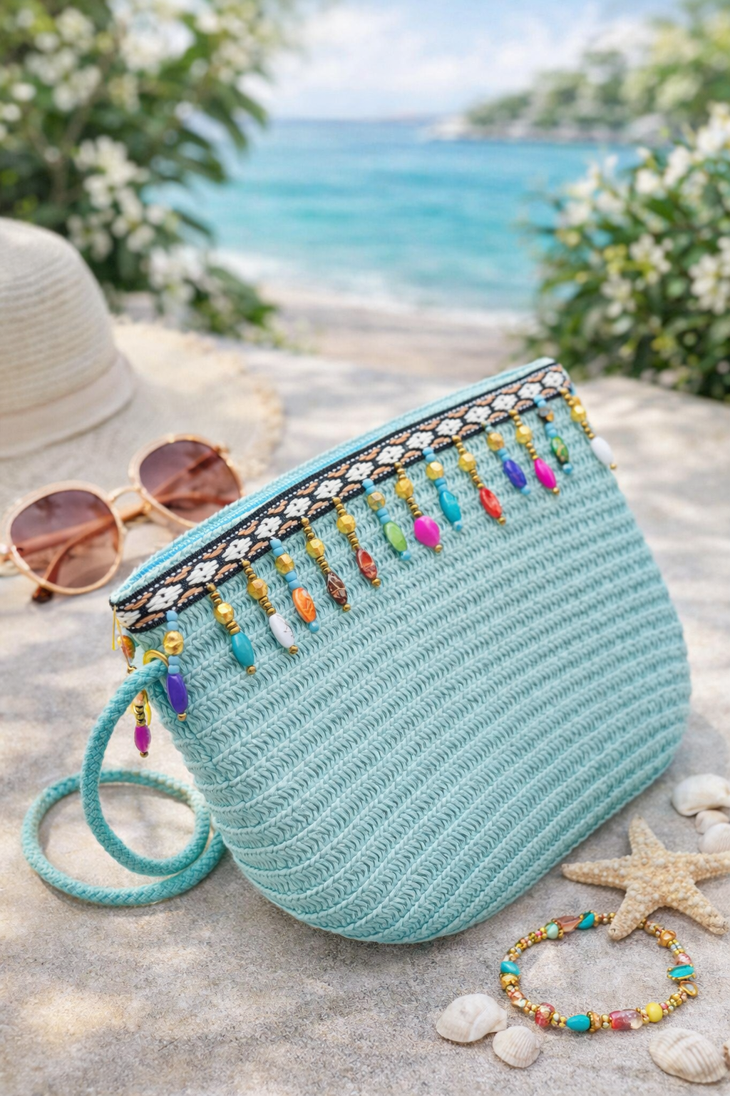 Boho Beaded Blue Crochet Sling Bag