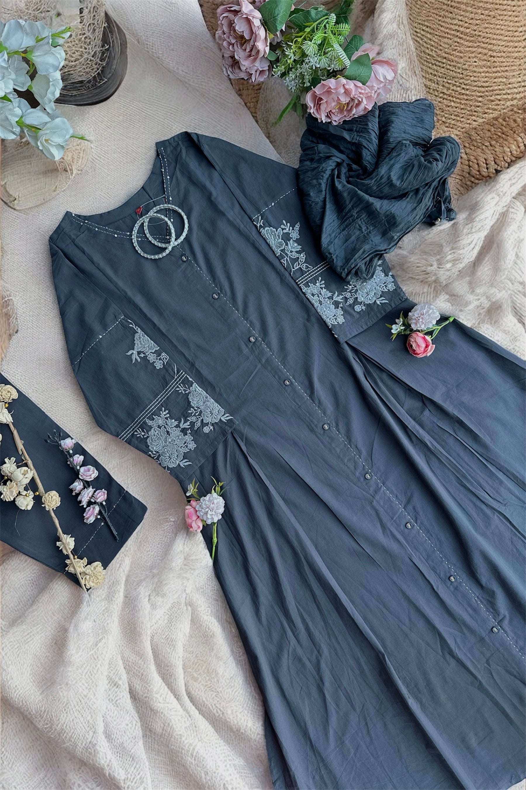 Meher Charcoal Embroidered Suit Set
