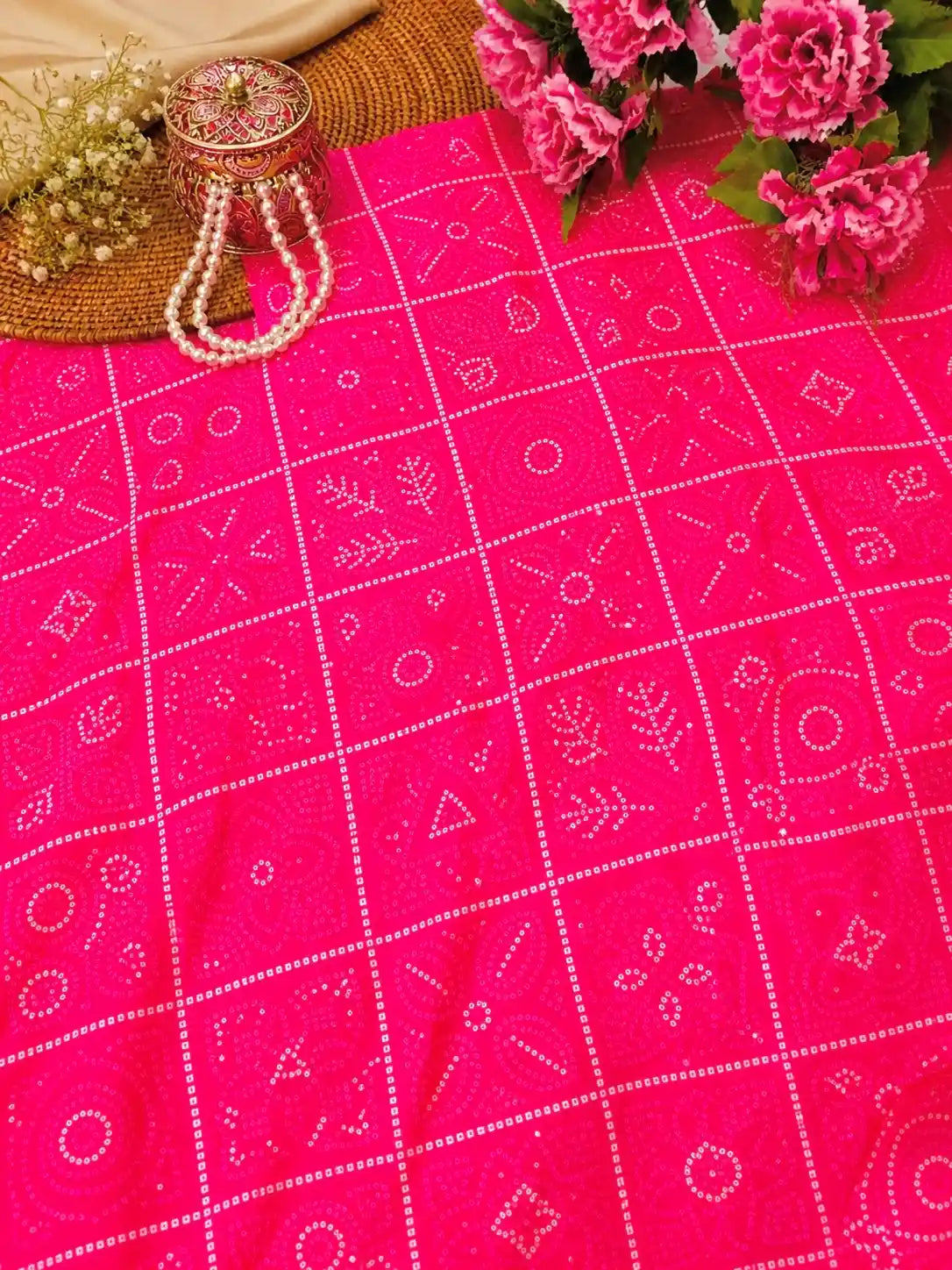 Hot Pink Bandhani Style Cotton Fabric