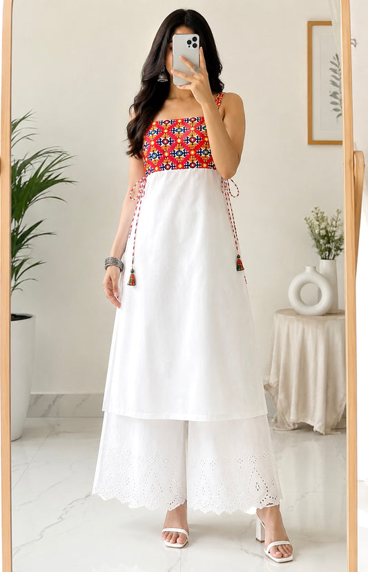 White Gulnaz Kutchi Embroidered Kurta