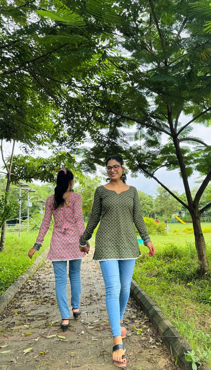 Gulmohar Green Handblock Kurti - Passion for Fashion by Shivani