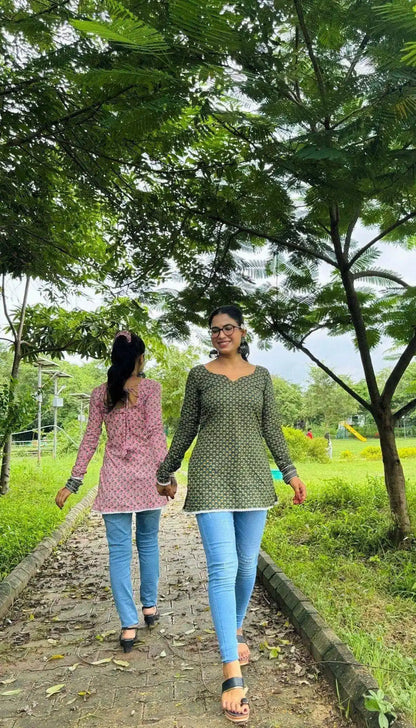 Gulmohar Green Handblock Kurti