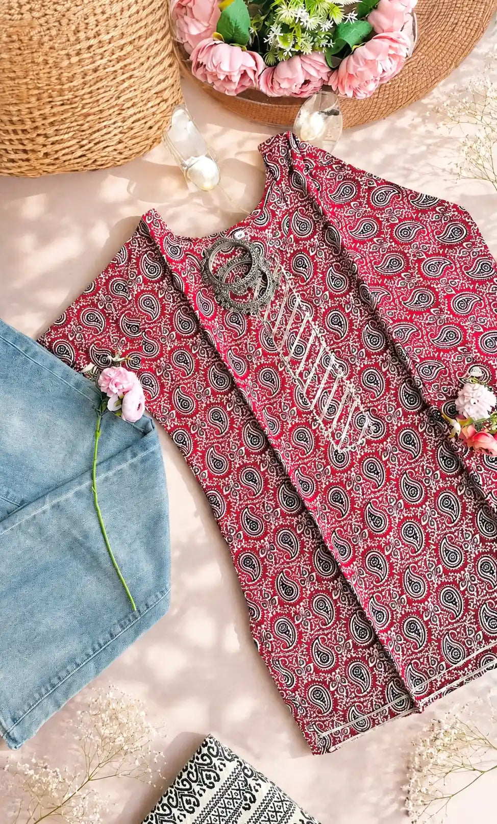 Maroon Kairi Cotton Short Kurta
