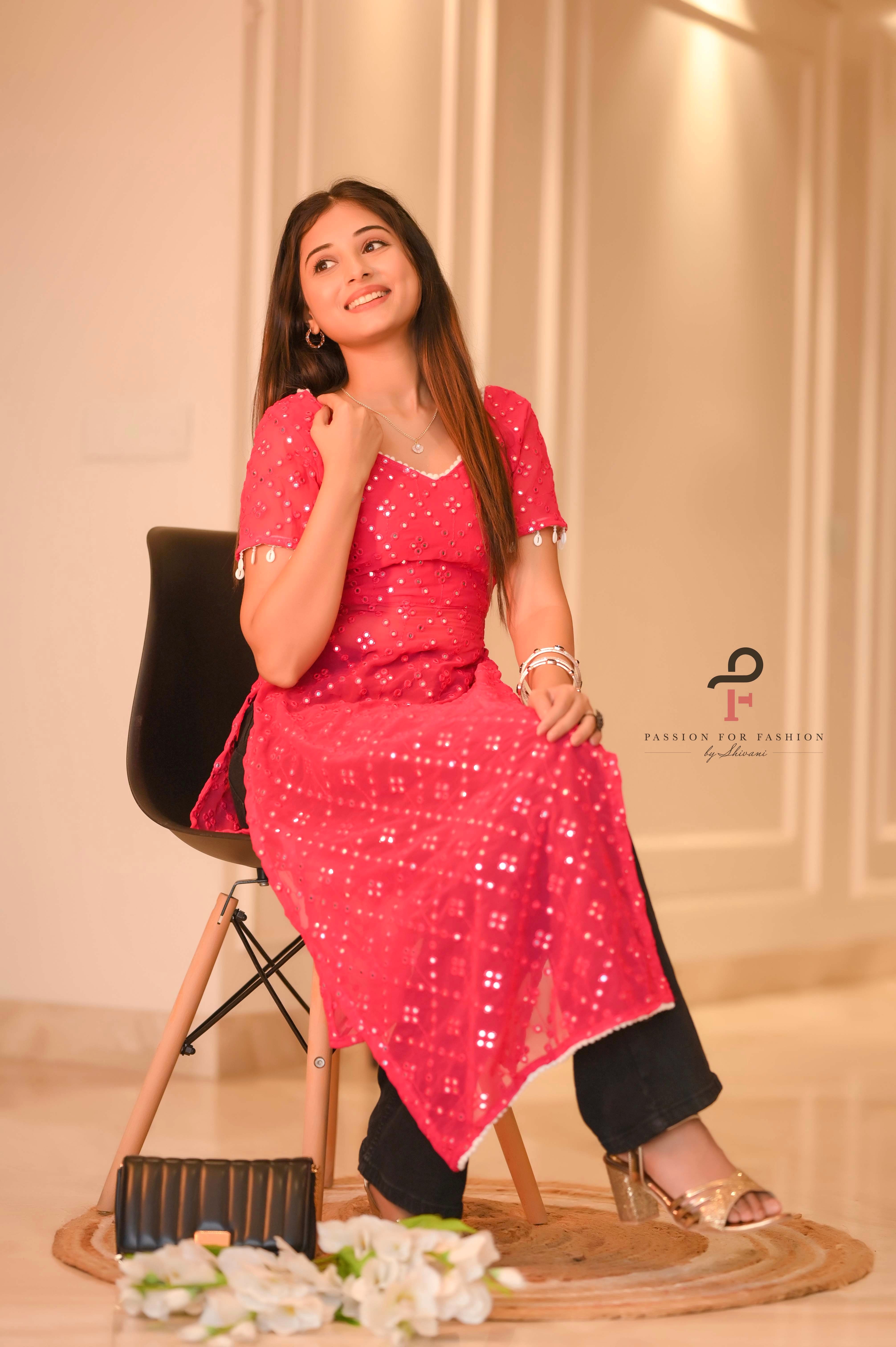 Hot Pink Embroidered Denim Gulnaz Kurta