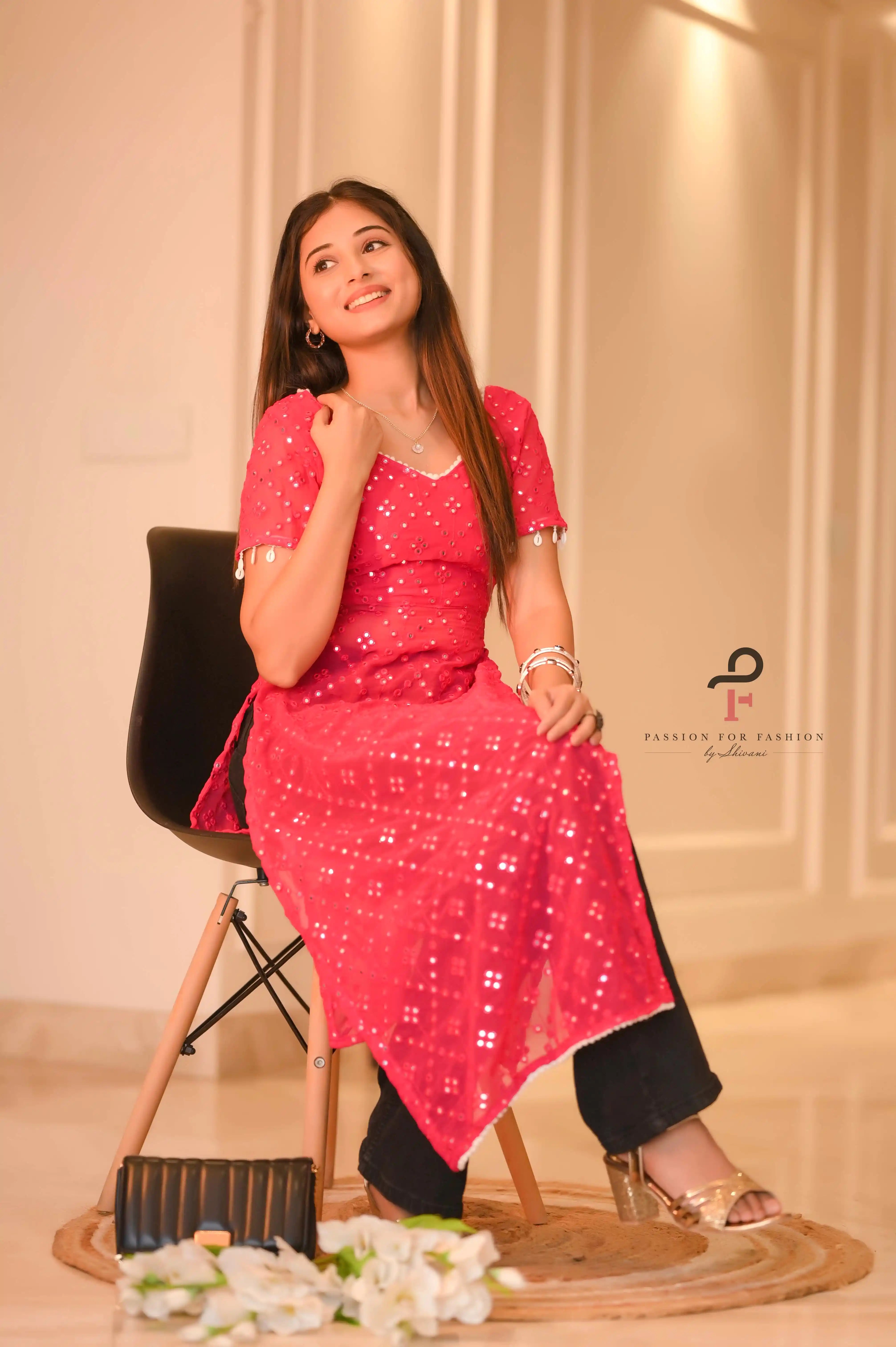 Hot Pink Embroidered Denim Gulnaz Kurta