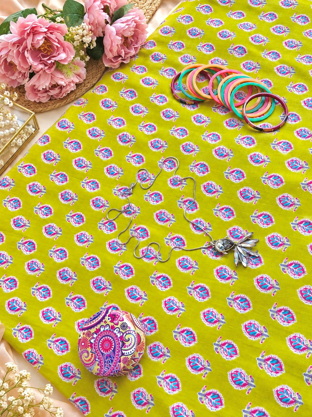 Lime Green Multicolour Butti Printed Fabric Cut