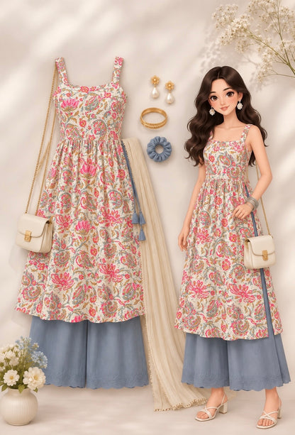 Gulnaz Blush Paisley Pleated Cotton Kurta