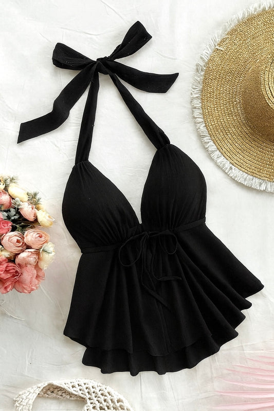Midnight Black Halter Peplum Top