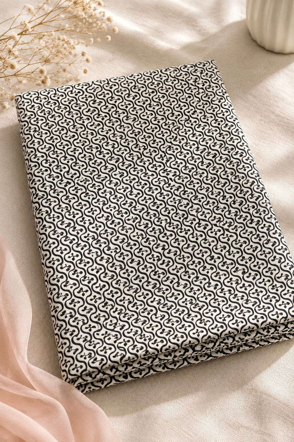 Black Geometric Handblock Print Cotton Fabric Cut