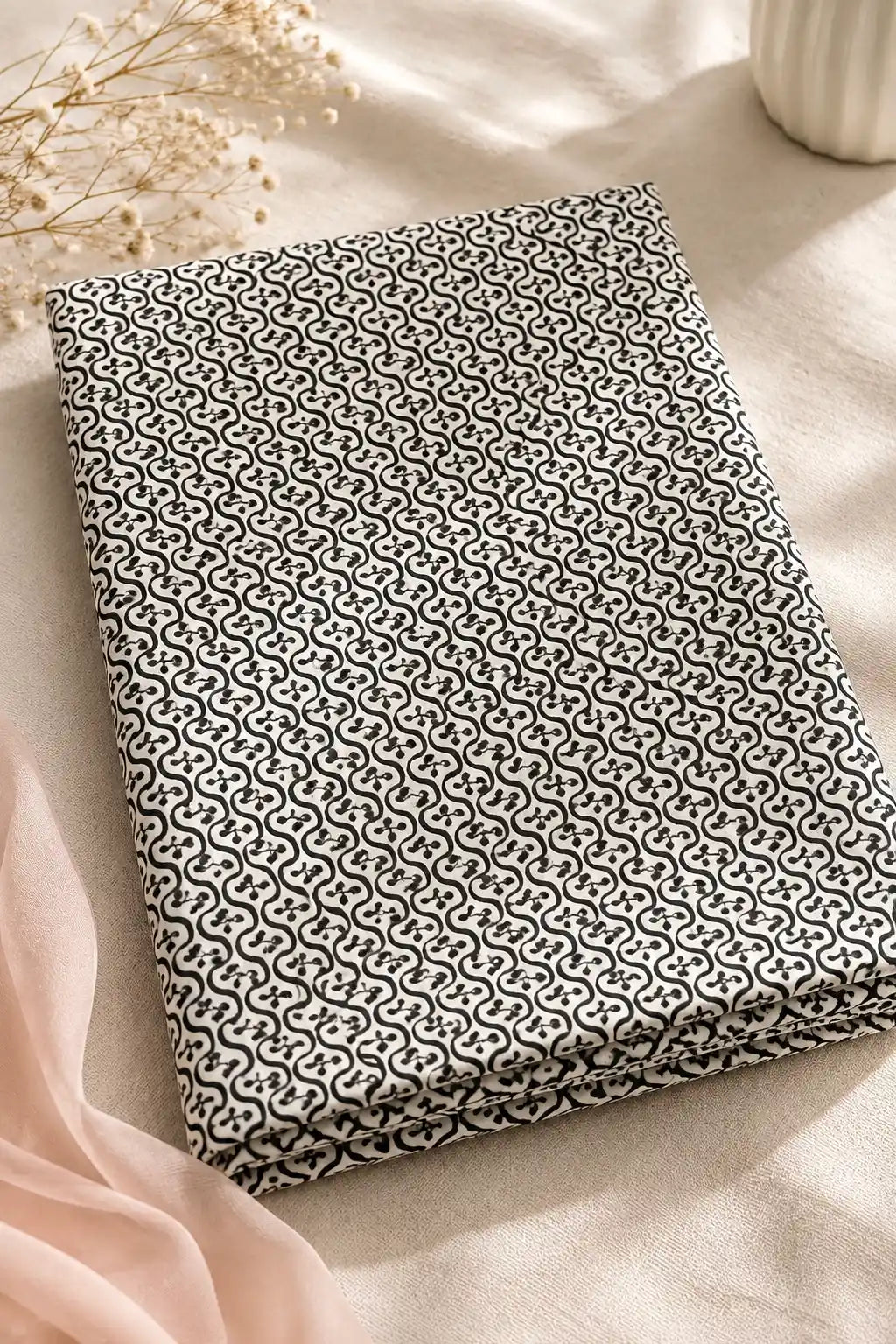 Black Geometric Handblock Print Cotton Fabric Cut