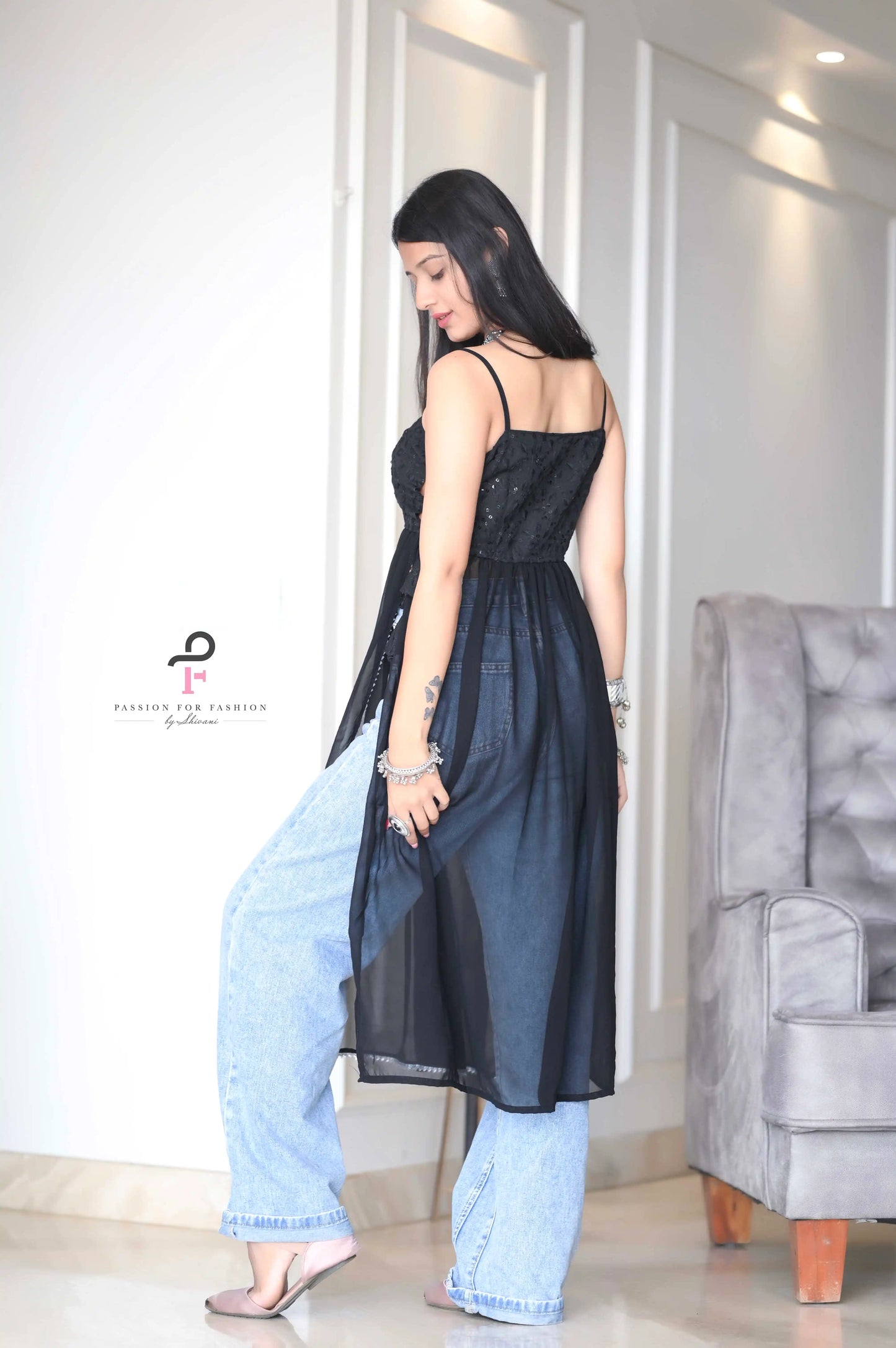 Smoky Black Gulnaz Embroidered Kurta