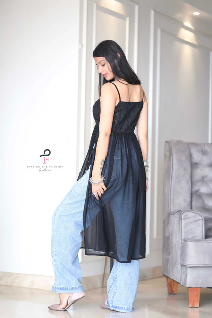 Smoky Black Gulnaz Embroidered Kurta