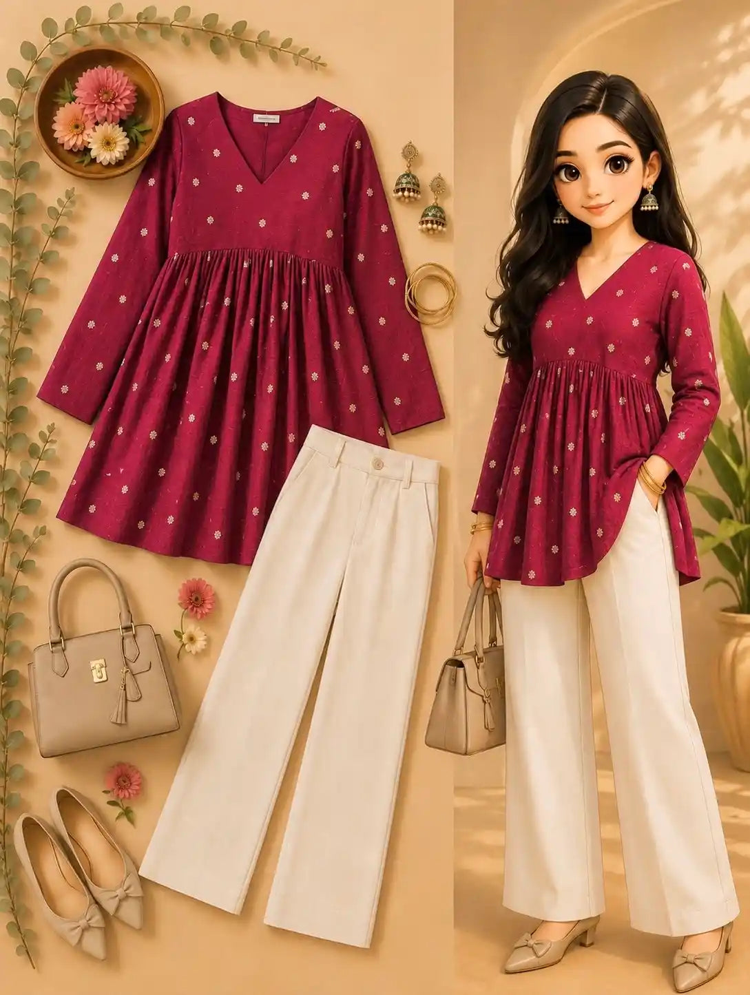 Maroon Embroidered Flared Peplum Top