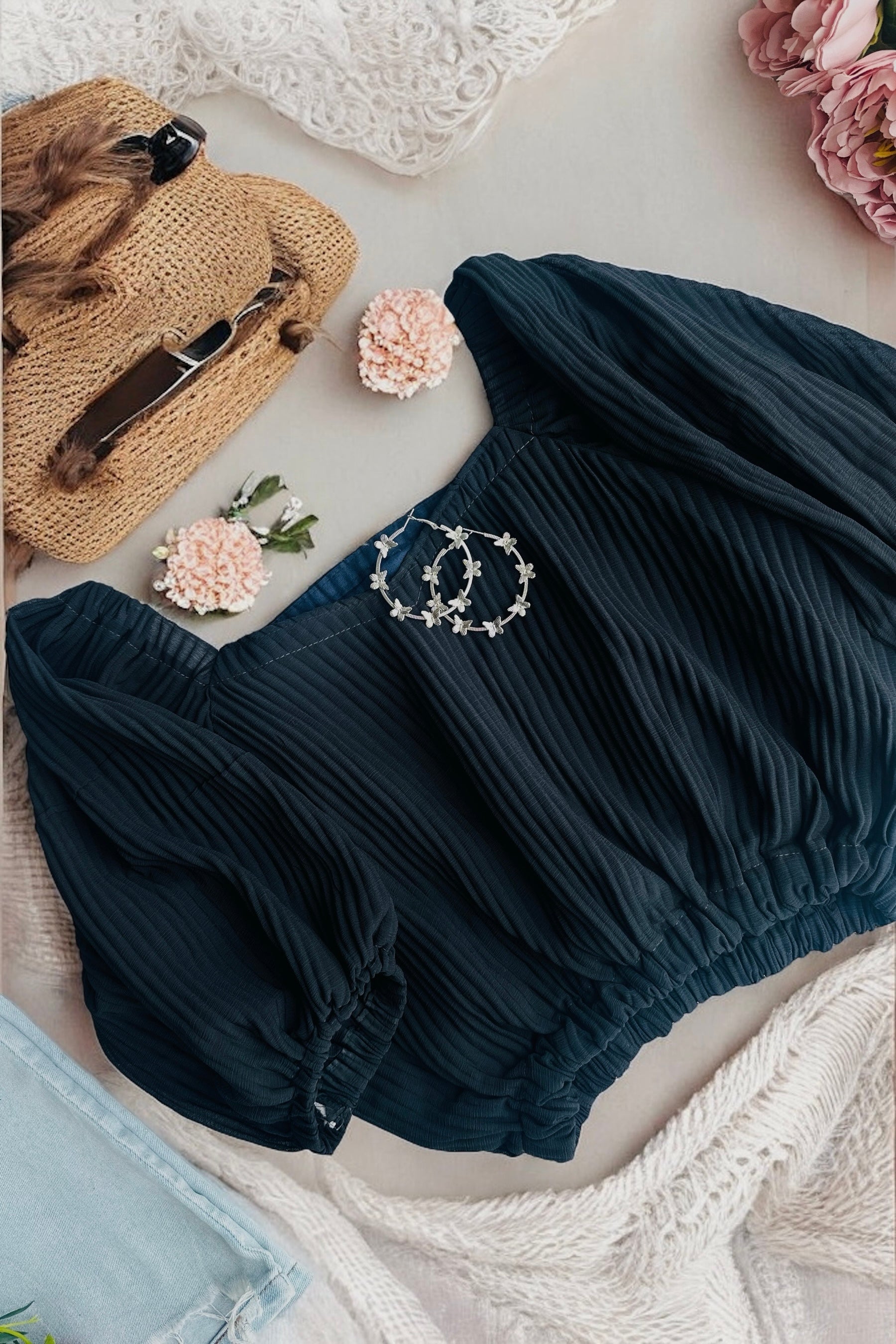 Midnight Charm Smocked Crop Top