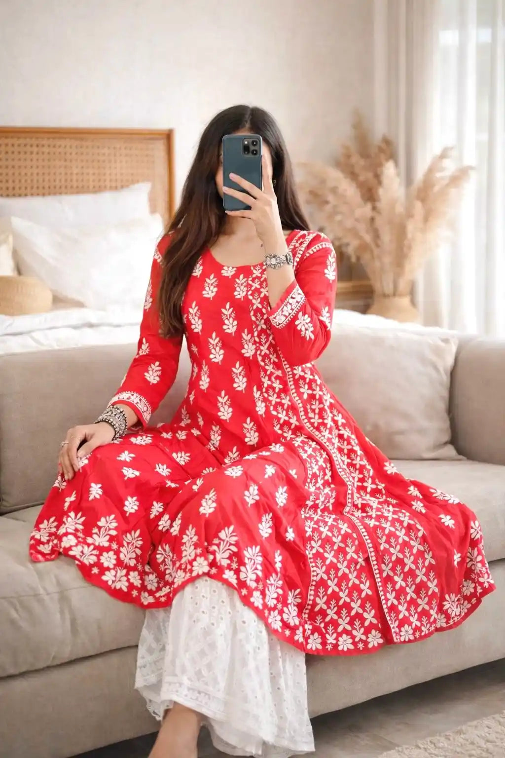 Scarlet Red Meher Chikan Embroidered Anarkali