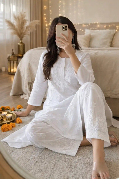 Soft White Chikan Embroidered Kurta