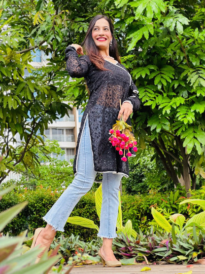 Black Leaf Angrakha Style Kurta