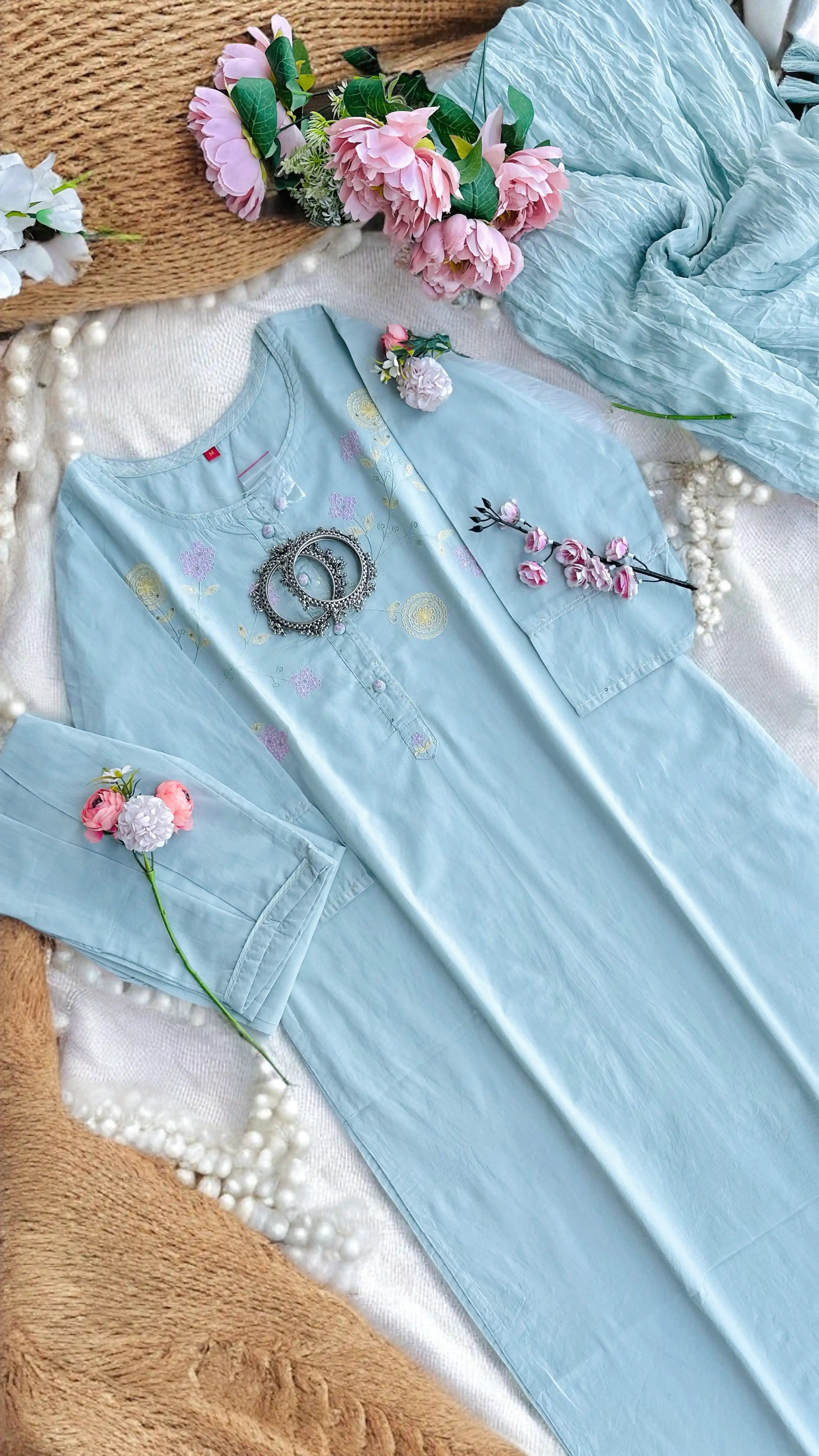 Pastel Aqua Blossom Kurta Set