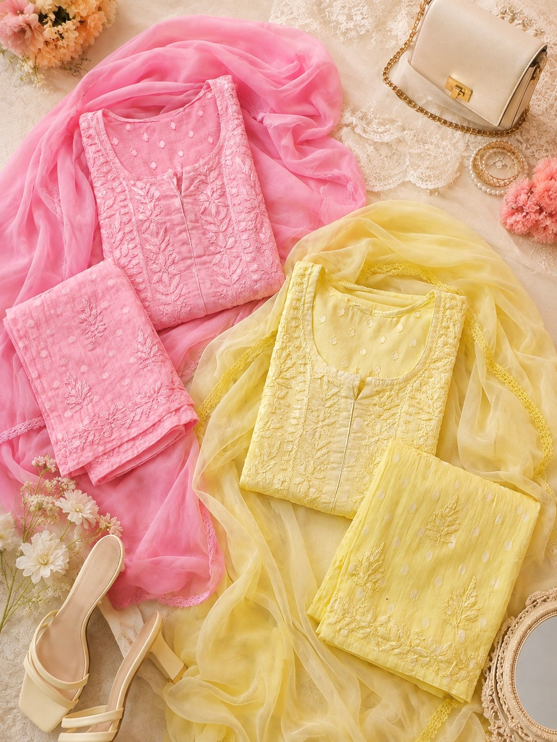 Pink Chikankari Embroidered Suit Set