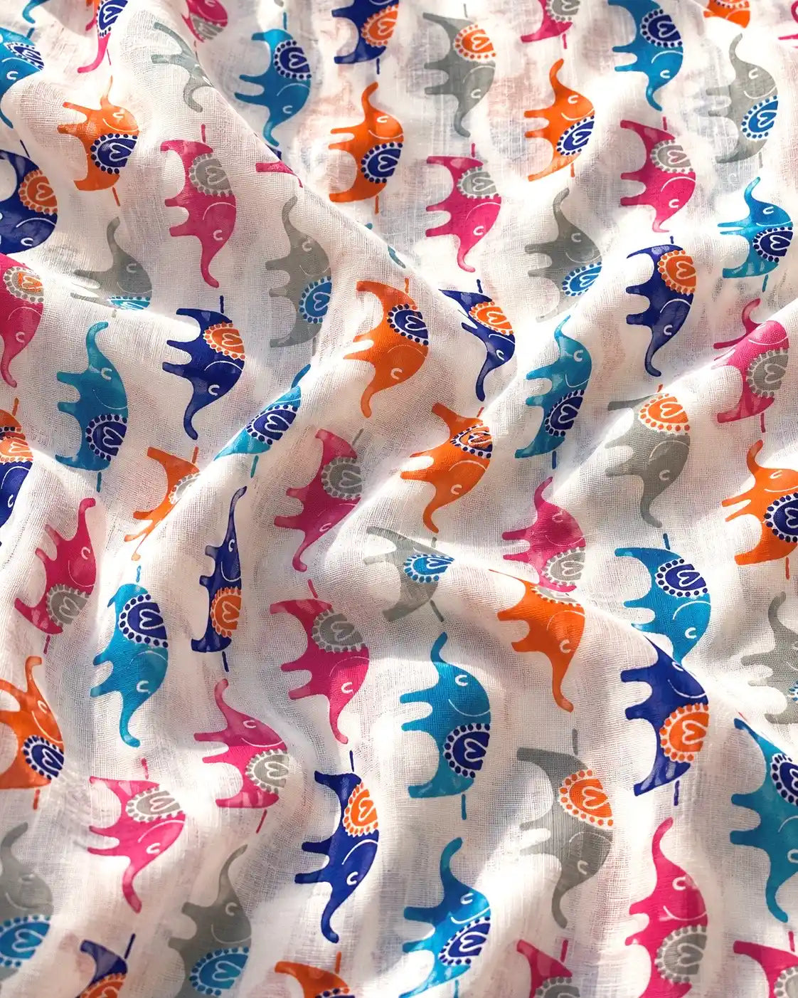 Playful Elephant Printed Cotton Fabric Cut