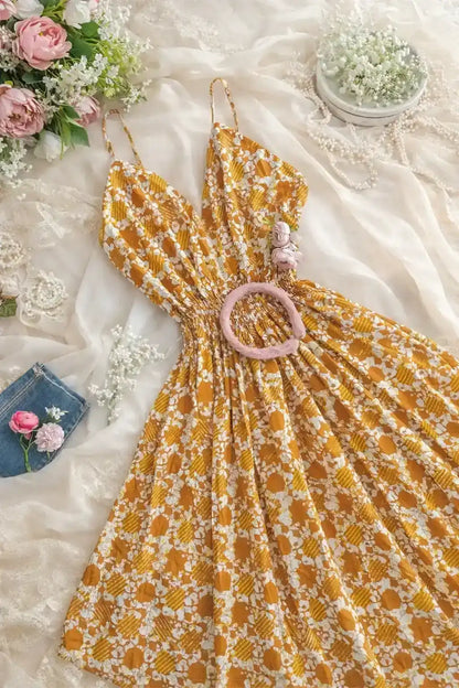 Batique Mustard Smoky Twirl Dress