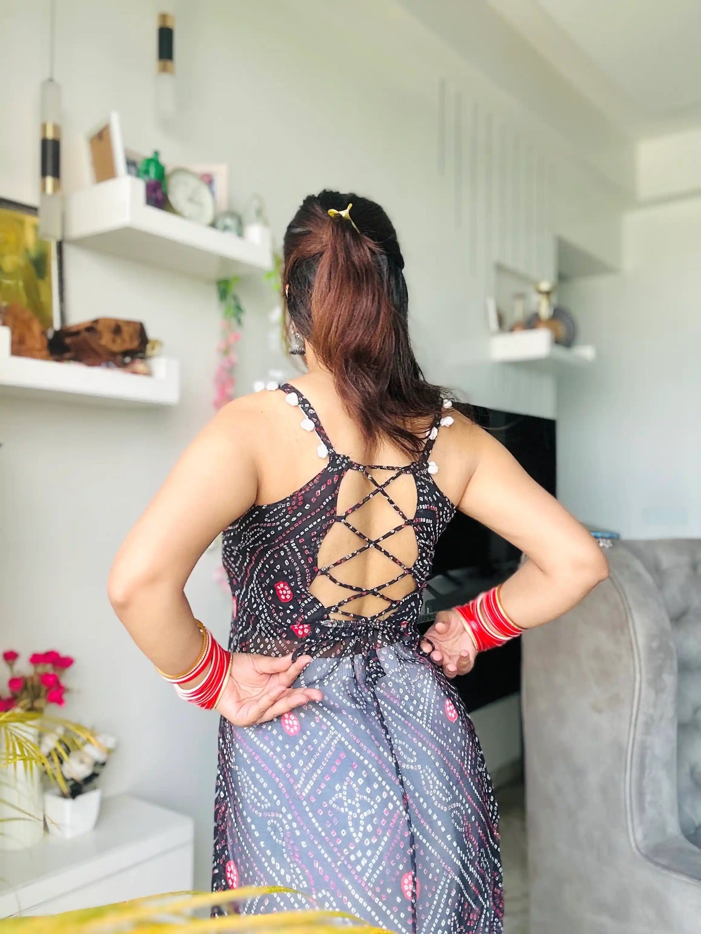 Cyan Blue Bandhej Back-Tie Top