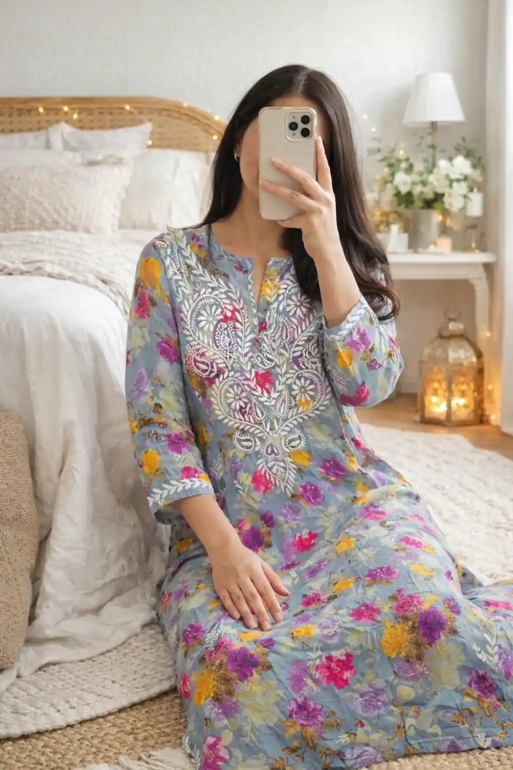 Floral Grey Fanah Mul Chikankari