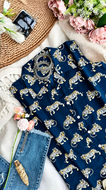 Blue Tiger Cute Collar Shirt