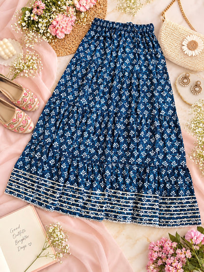 Jaipuri Indigo Block Flared Twirl Skirt