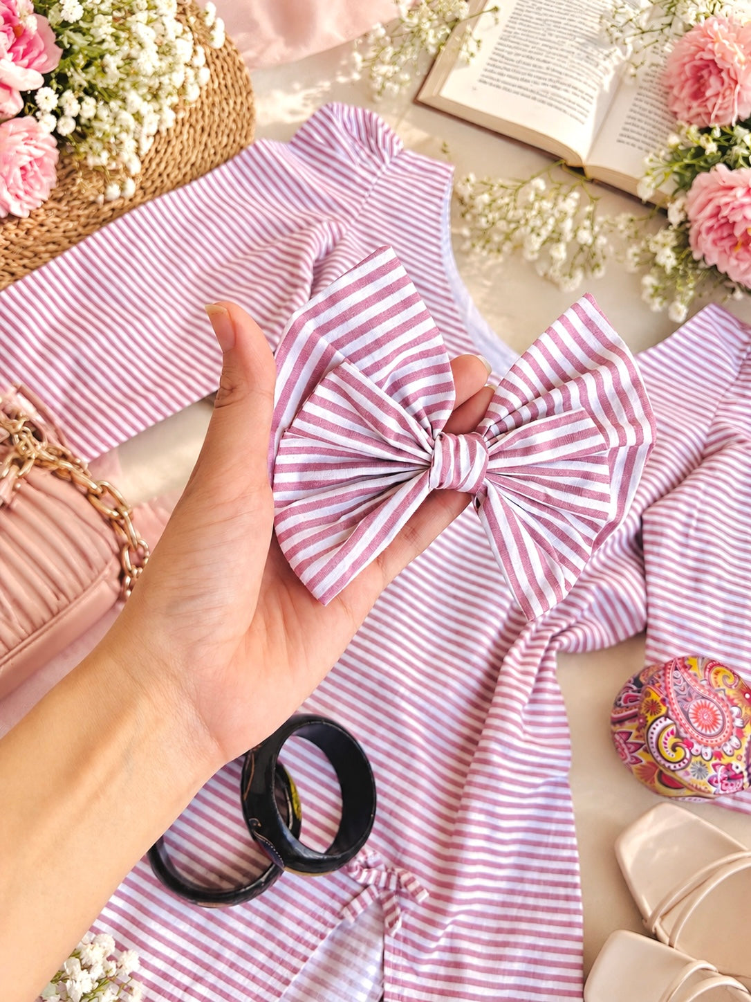 Striped Bow Detail Puff Sleeve Top