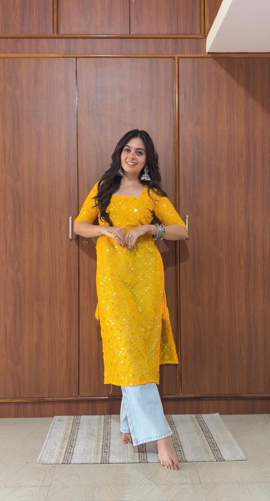 Santoshi’s Yellow Mirror Embroidered Gulnaz Kurta
