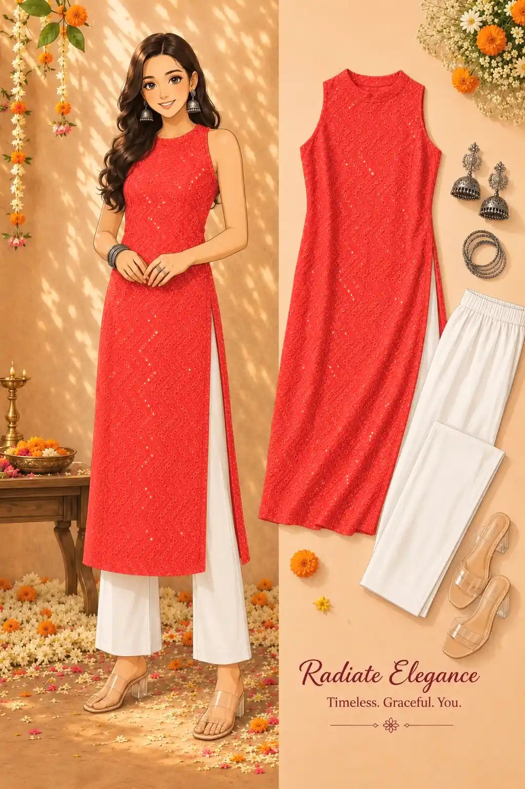 Red Sleeveless Sequin Gulnaz Kurta