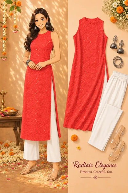 Red Sleeveless Sequin Gulnaz Kurta