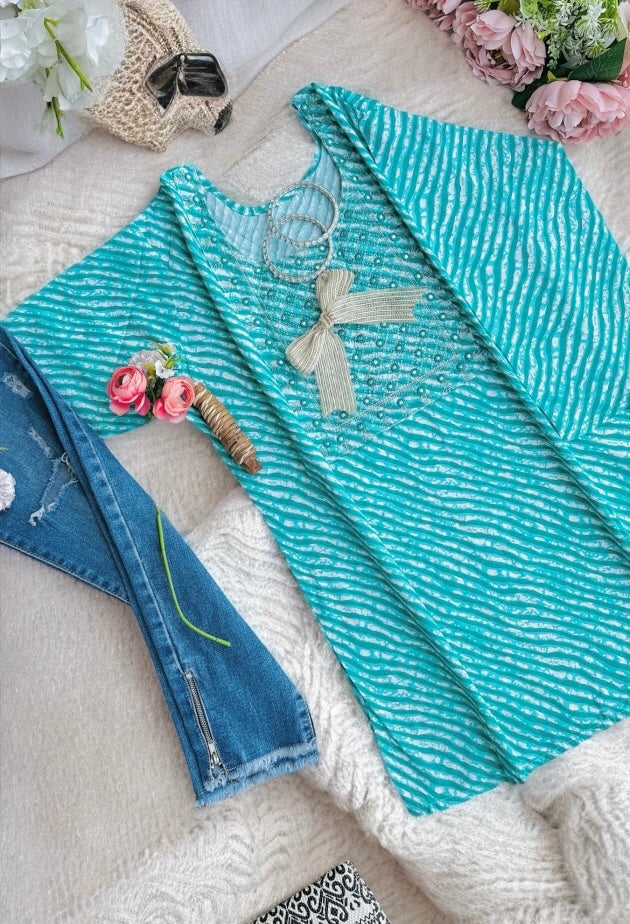 Blush Green Lehriya Short Kurta