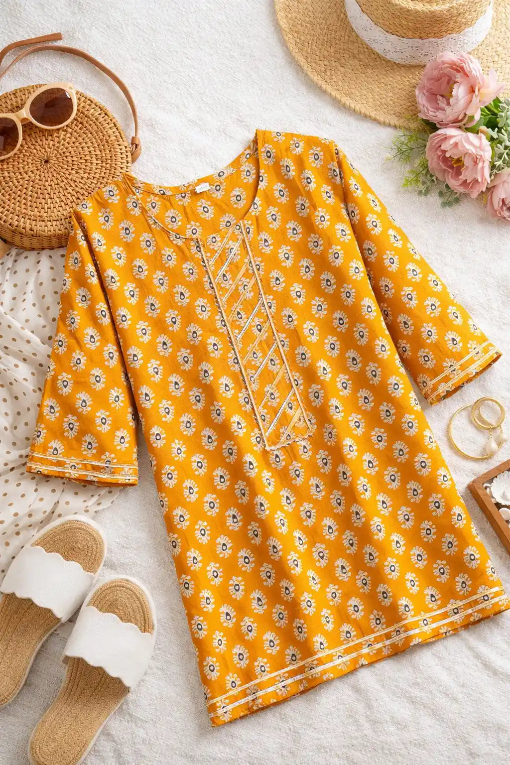 Mustard Handprinted Short Kurta