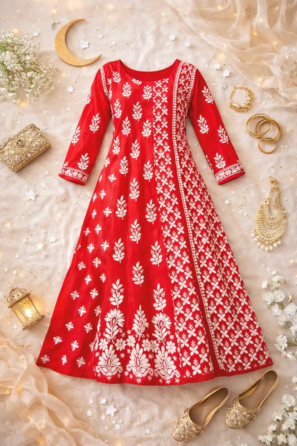 Scarlet Red Meher Chikan Embroidered Anarkali