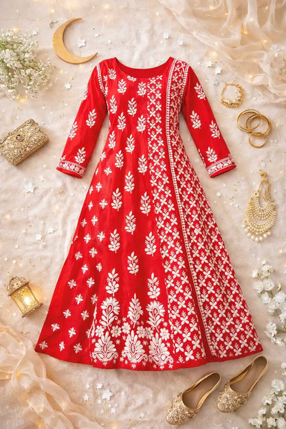 Scarlet Red Meher Chikan Embroidered Anarkali