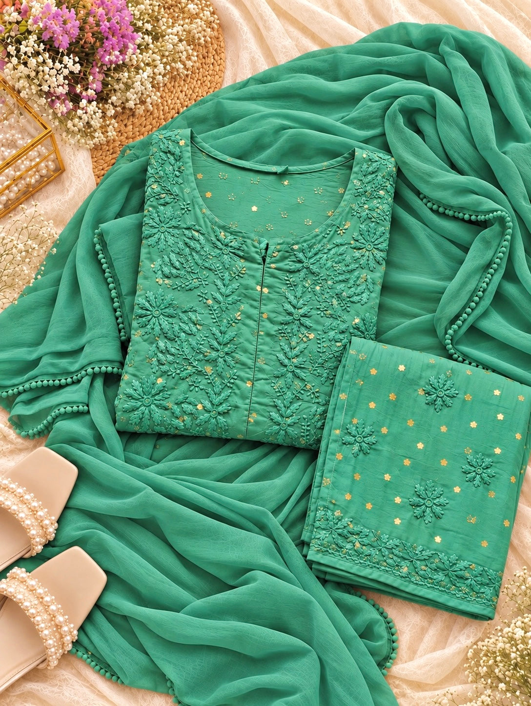 Emerald Green Chikankari Embroidered Suit Set