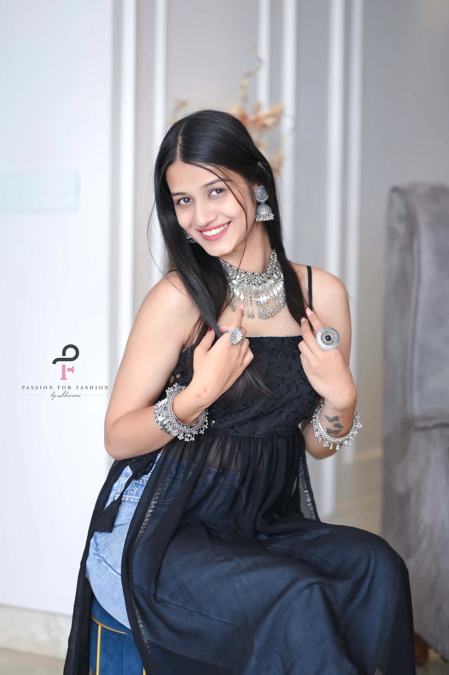 Smoky Black Gulnaz Embroidered Kurta