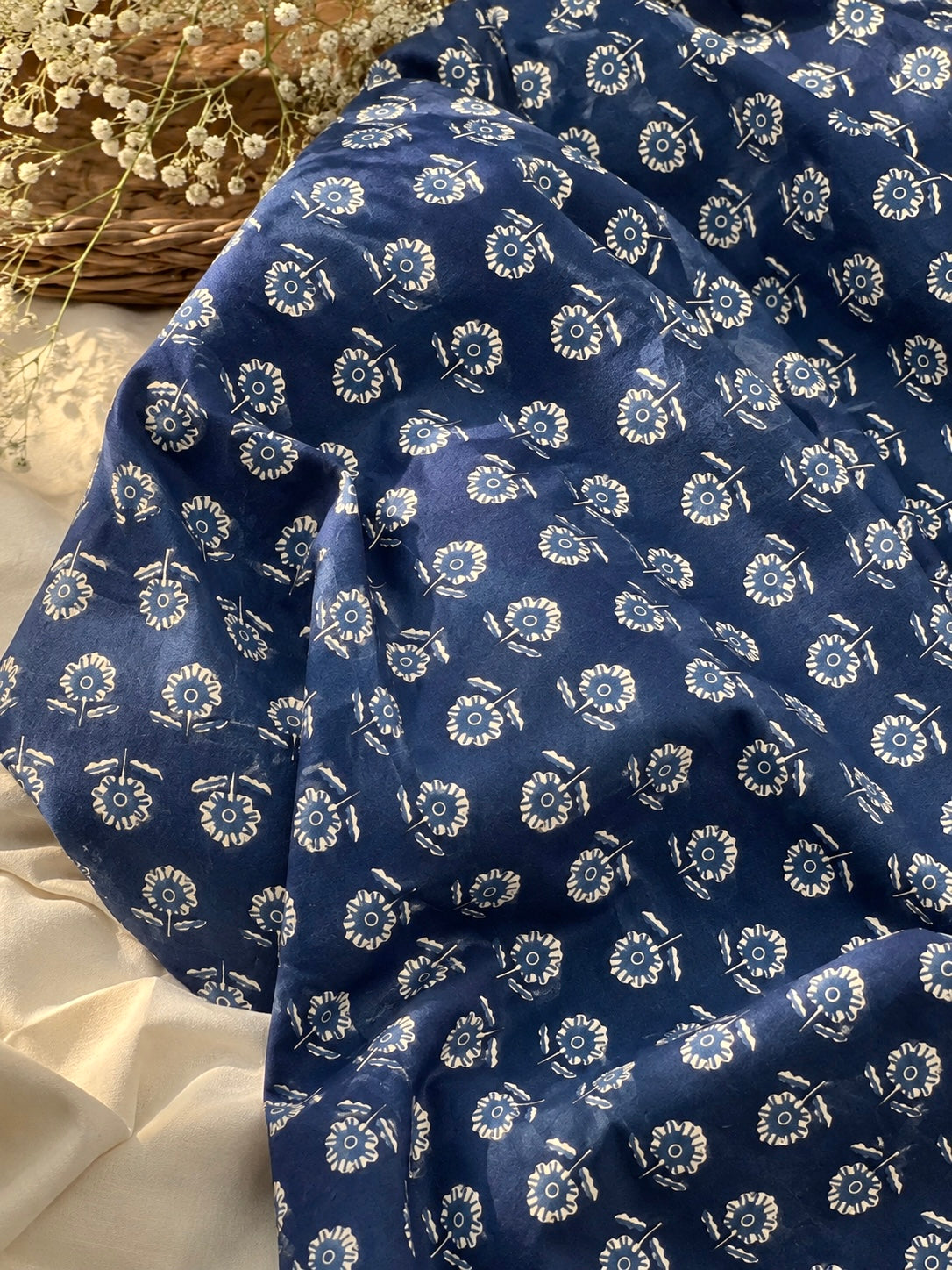Blue Handblock Floral Cotton Fabric