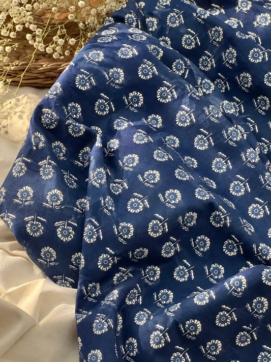 Blue Handblock Floral Cotton Fabric