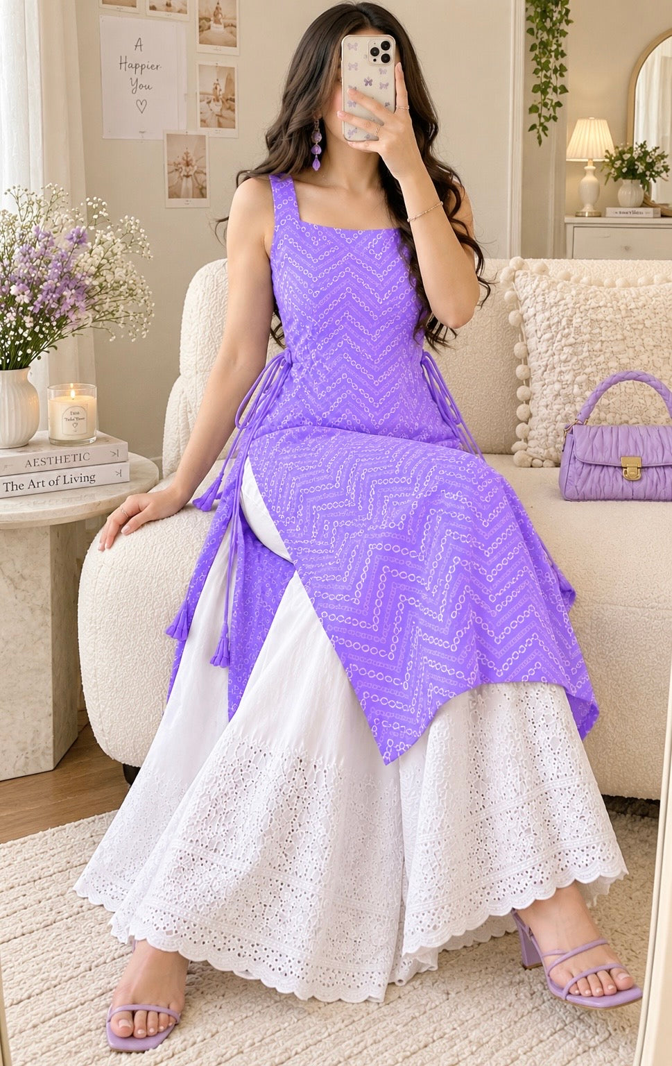 Gulnaz Lavender Chevron Embroidered Kurta