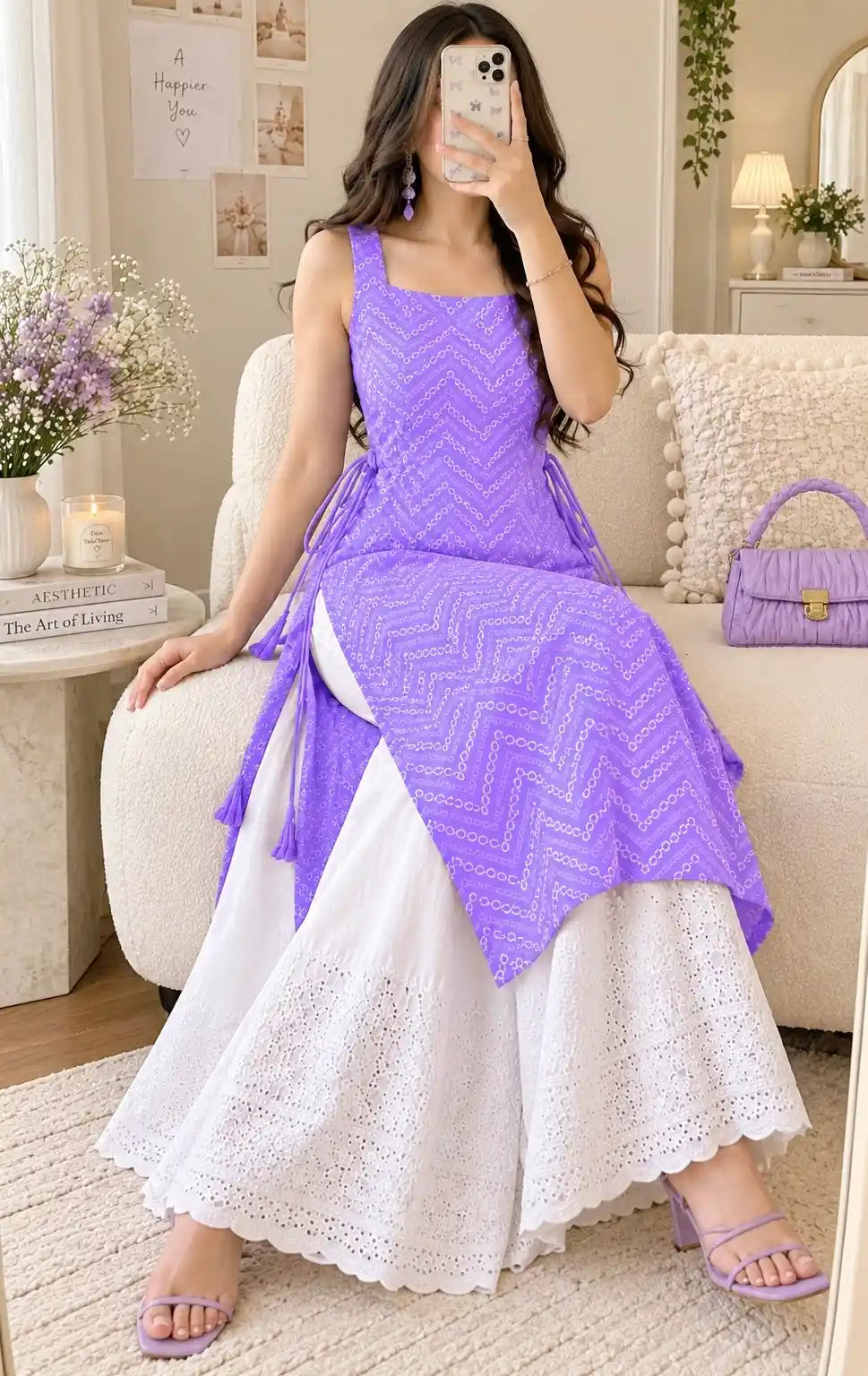 Gulnaz Lavender Chevron Embroidered Kurta