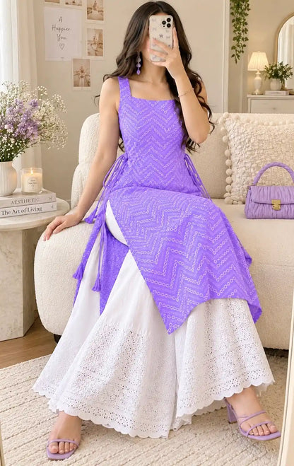 Gulnaz Lavender Chevron Embroidered Kurta
